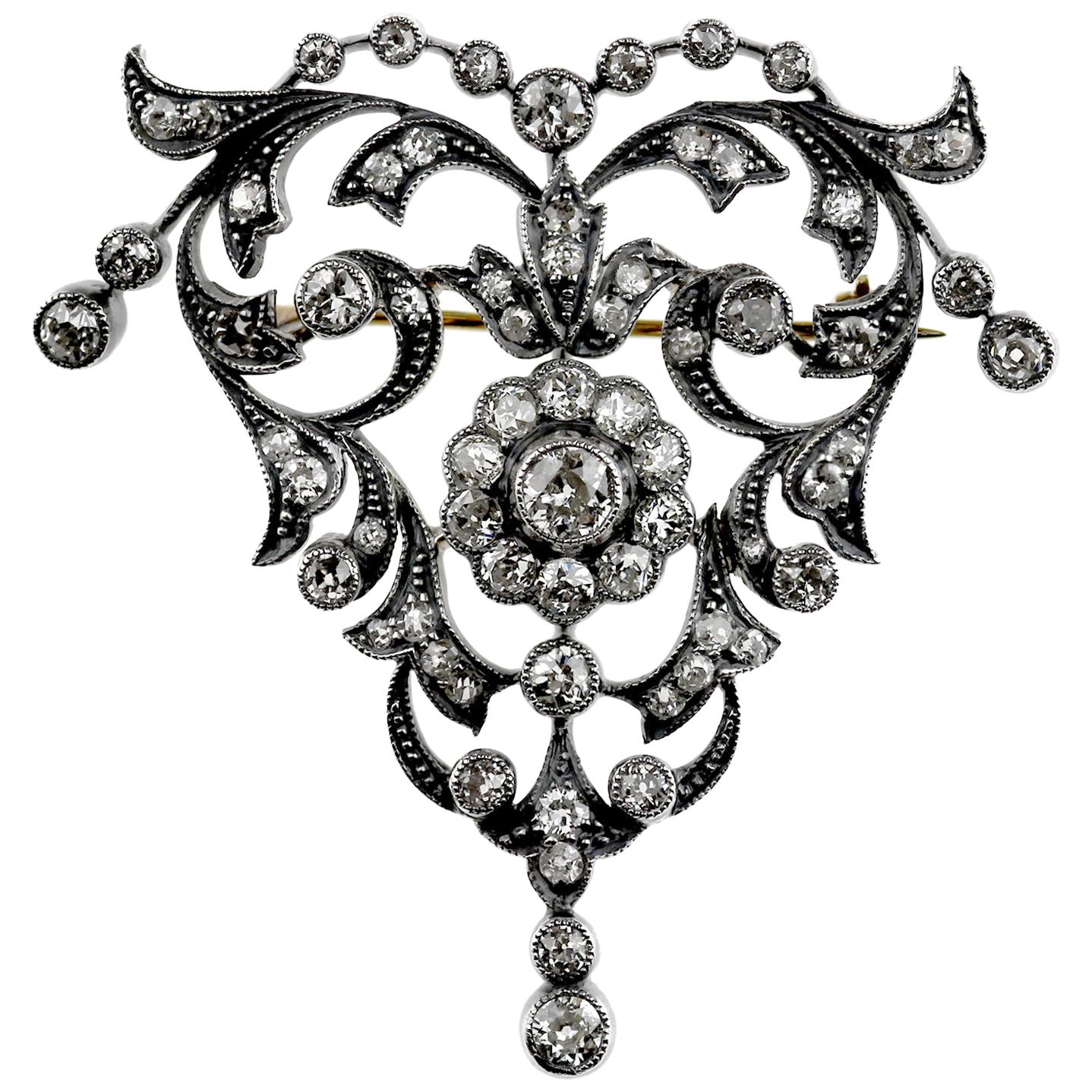 Antique Victorian Brooch with Old European Cut Diamonds in Silver and Gold