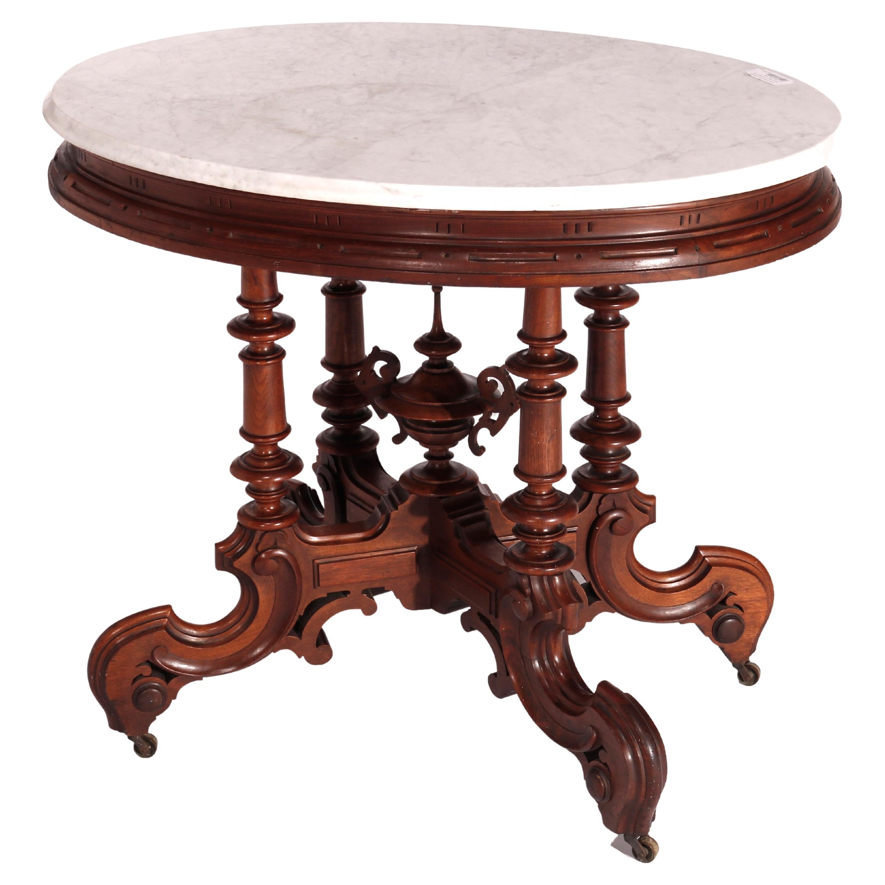 Ancienne table de salon victorienne Brooks Brothers en noyer et marbre, vers 1890