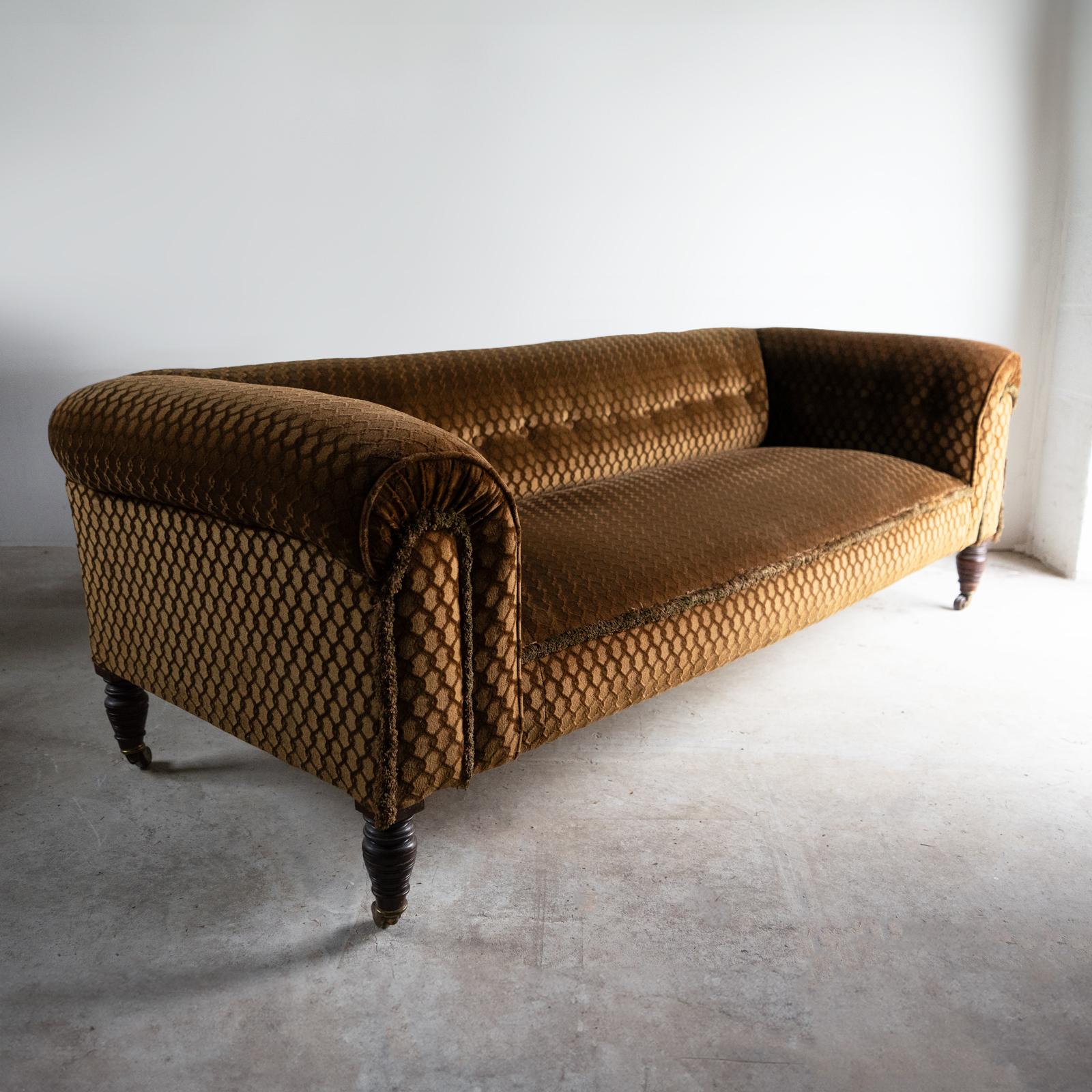 European Antique Victorian Brown/Gold Velvet Button Backed Three Seater Chesterfield Sofa For Sale