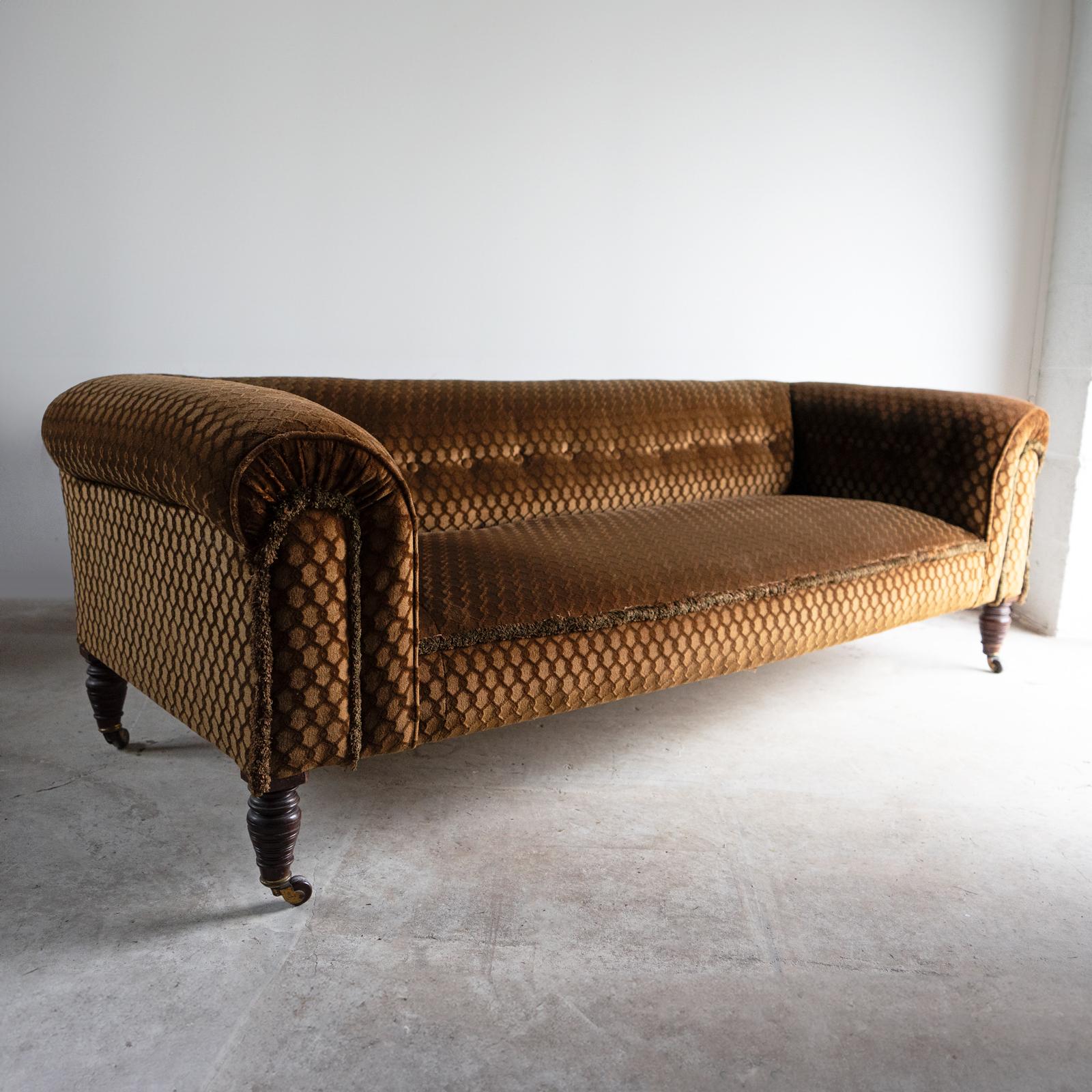 Hand-Crafted Antique Victorian Brown/Gold Velvet Button Backed Three Seater Chesterfield Sofa For Sale
