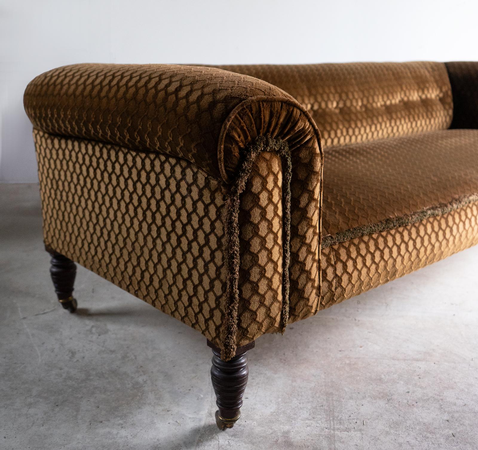 19th Century Antique Victorian Brown/Gold Velvet Button Backed Three Seater Chesterfield Sofa For Sale