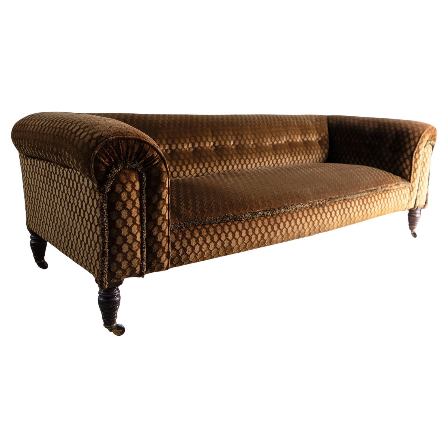 Antique Victorian Brown/Gold Velvet Button Backed Three Seater Chesterfield Sofa For Sale