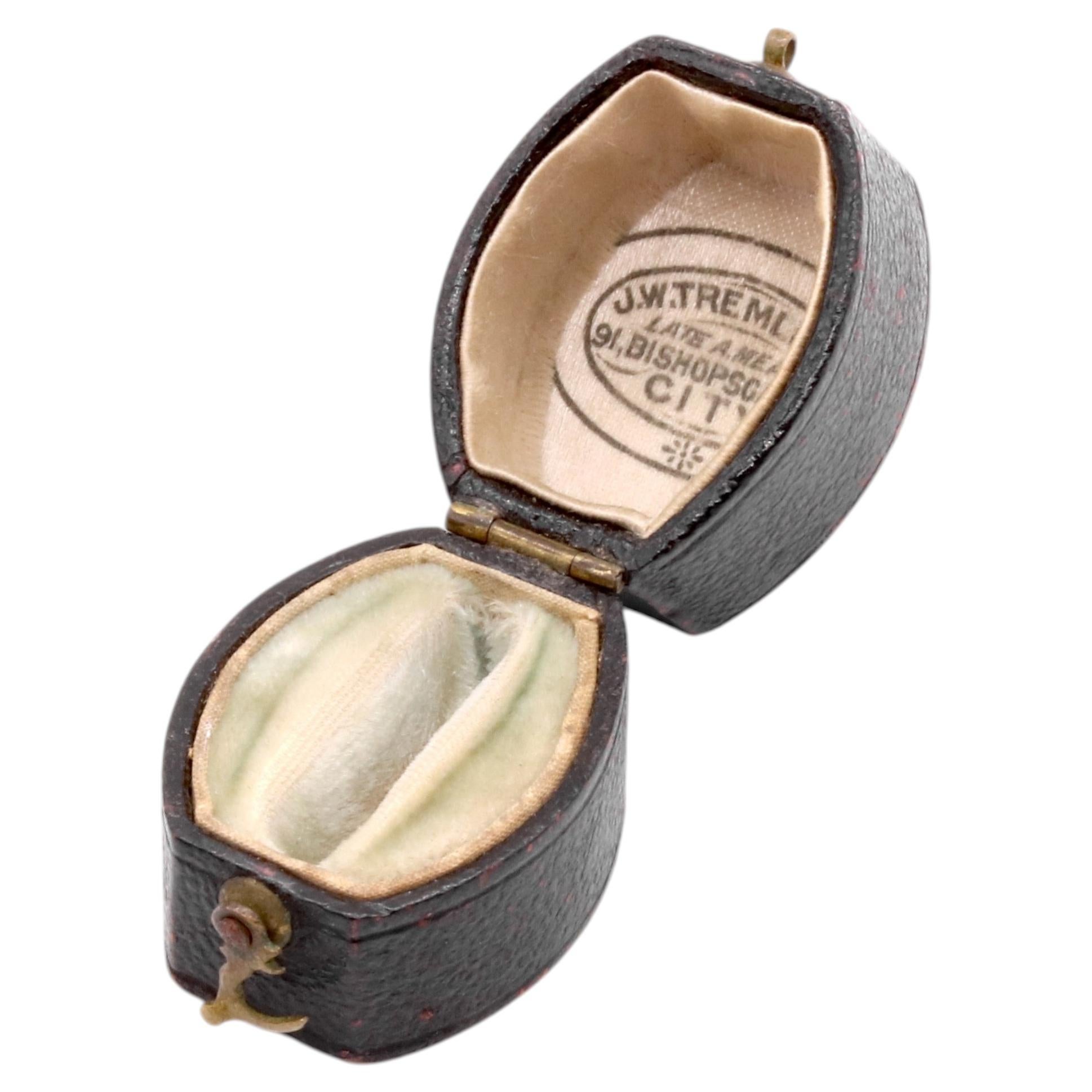 Antique Victorian Brown Leather Barrel Ring Box, with Ivory Silk and Blue Velvet