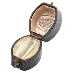 Antique Victorian Brown Leather Barrel Ring Box, with Ivory Silk and Blue Velvet