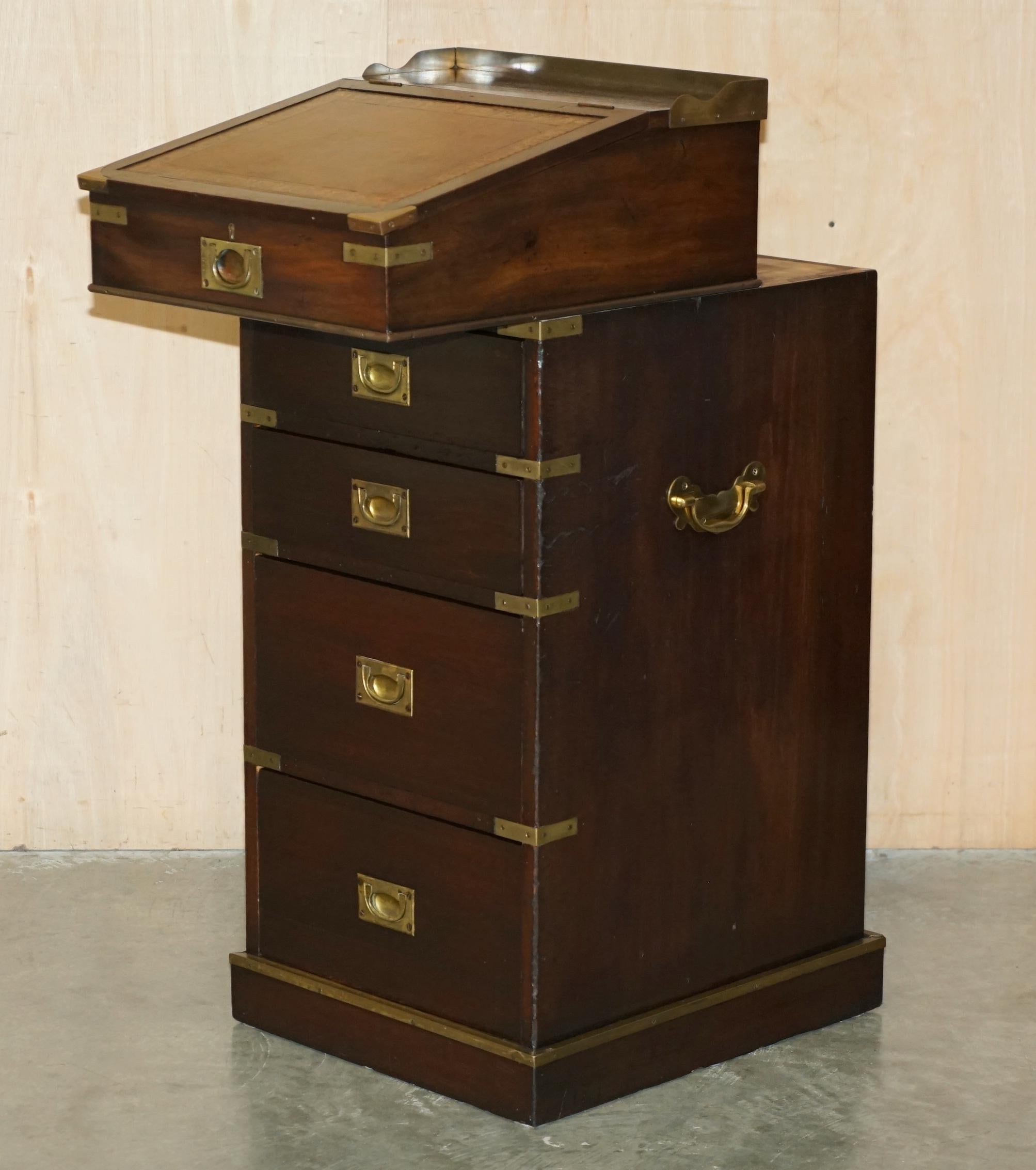 ANTIQUE ViCTORIAN BROWN LEATHER BRASS GALLERY MILITARY CAMPAIGN DAVENPORT DESK For Sale 7