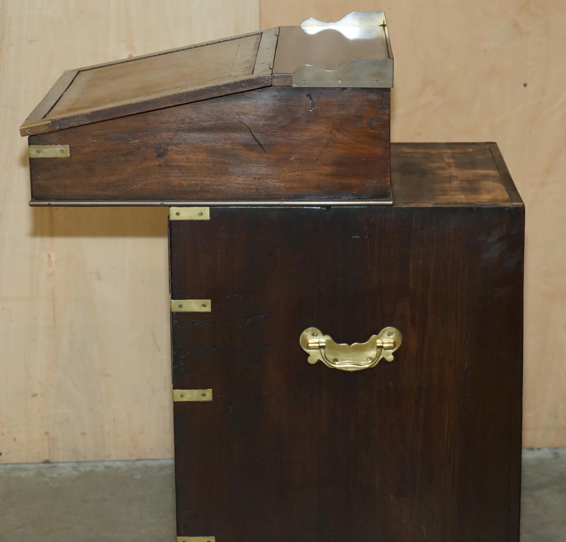 ANTIQUE ViCTORIAN BROWN LEATHER BRASS GALLERY MILITARY CAMPAIGN DAVENPORT DESK For Sale 8