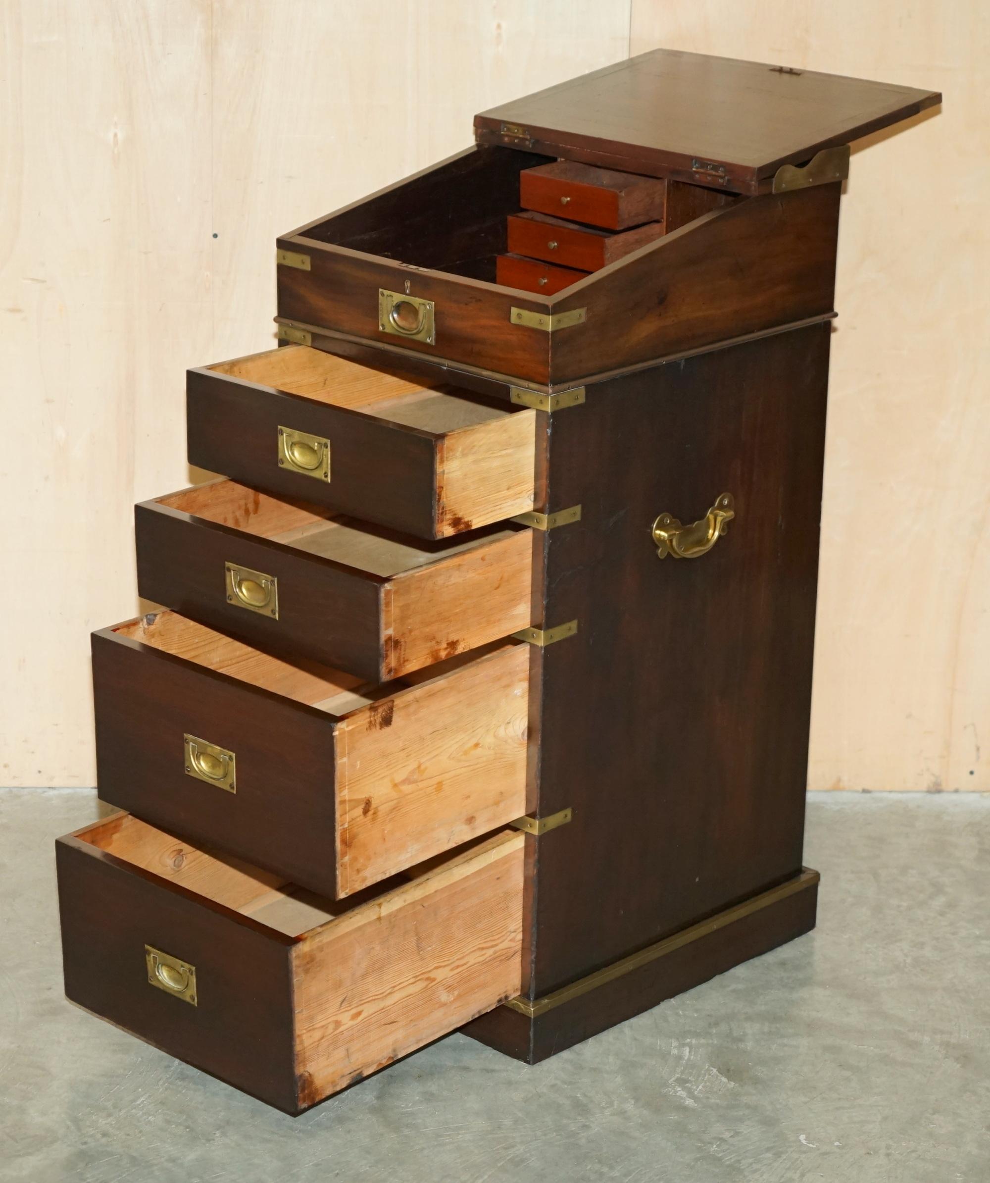ANTIQUE ViCTORIAN BROWN LEATHER BRASS GALLERY MILITARY CAMPAIGN DAVENPORT DESK For Sale 10
