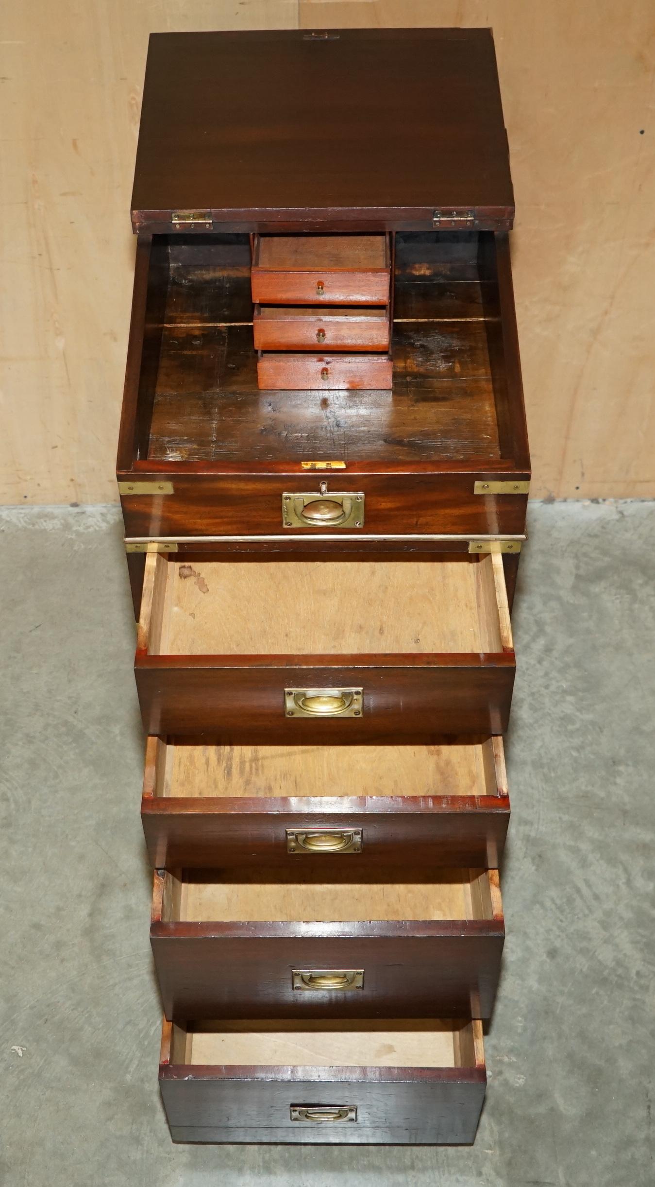 ANTIQUE ViCTORIAN BROWN LEATHER BRASS GALLERY MILITARY CAMPAIGN DAVENPORT DESK For Sale 11