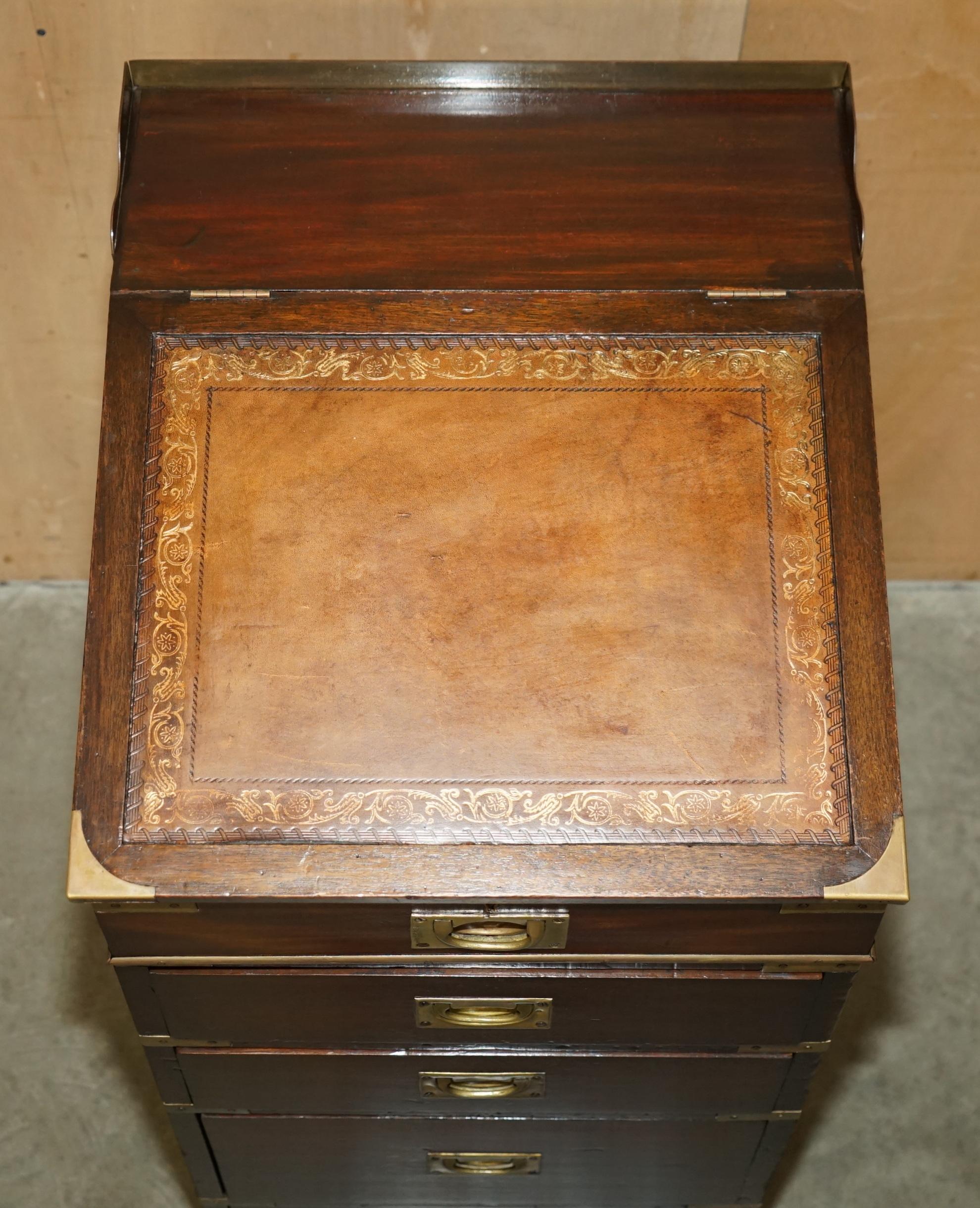 Campaign ANTIQUE ViCTORIAN BROWN LEATHER BRASS GALLERY MILITARY CAMPAIGN DAVENPORT DESK For Sale