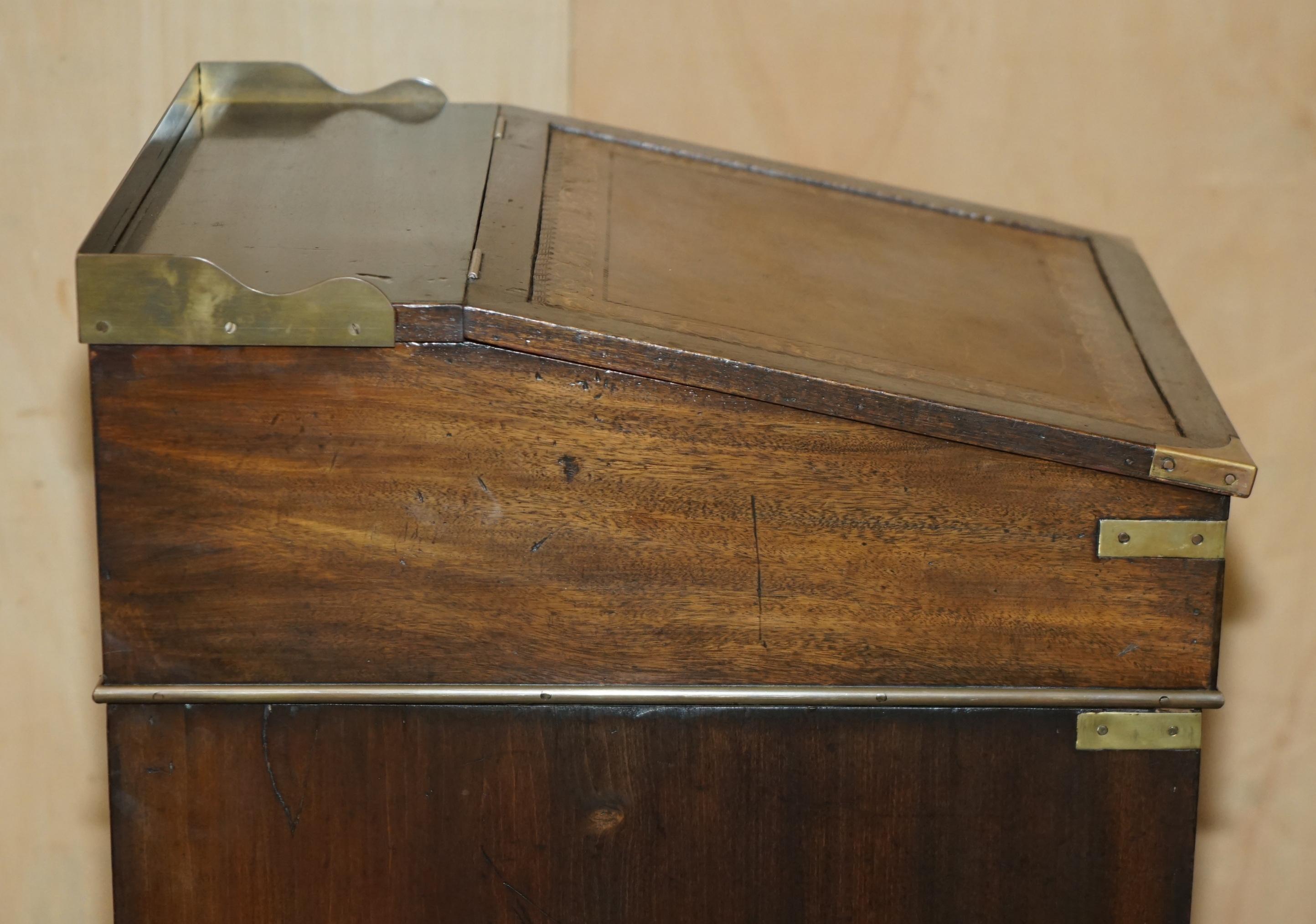 ANTIQUE ViCTORIAN BROWN LEATHER BRASS GALLERY MILITARY CAMPAIGN DAVENPORT DESK For Sale 1