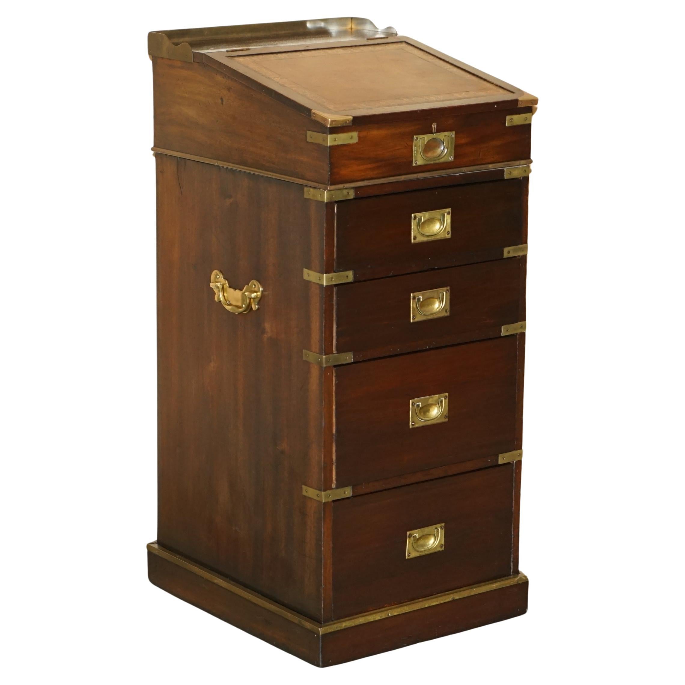 ANTIQUE ViCTORIAN BROWN LEATHER BRASS GALLERY MILITARY CAMPAIGN DAVENPORT DESK