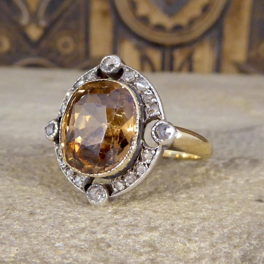 Antiker viktorianischer Gold- und Silberring mit braunem Zirkon und Diamant im Rosenschliff Damen