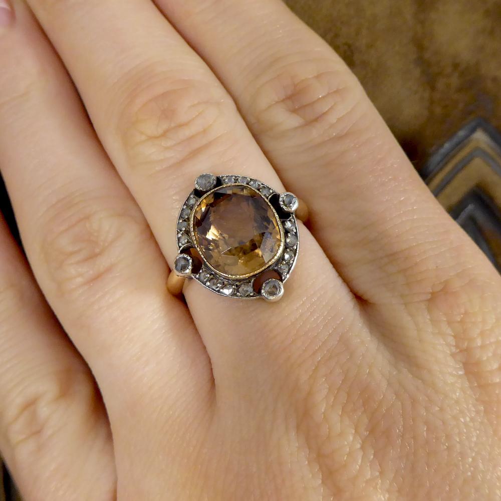 Antique Victorian Brown Zircon and Rose Cut Diamond Gold and Silver Ring In Good Condition In Yorkshire, West Yorkshire