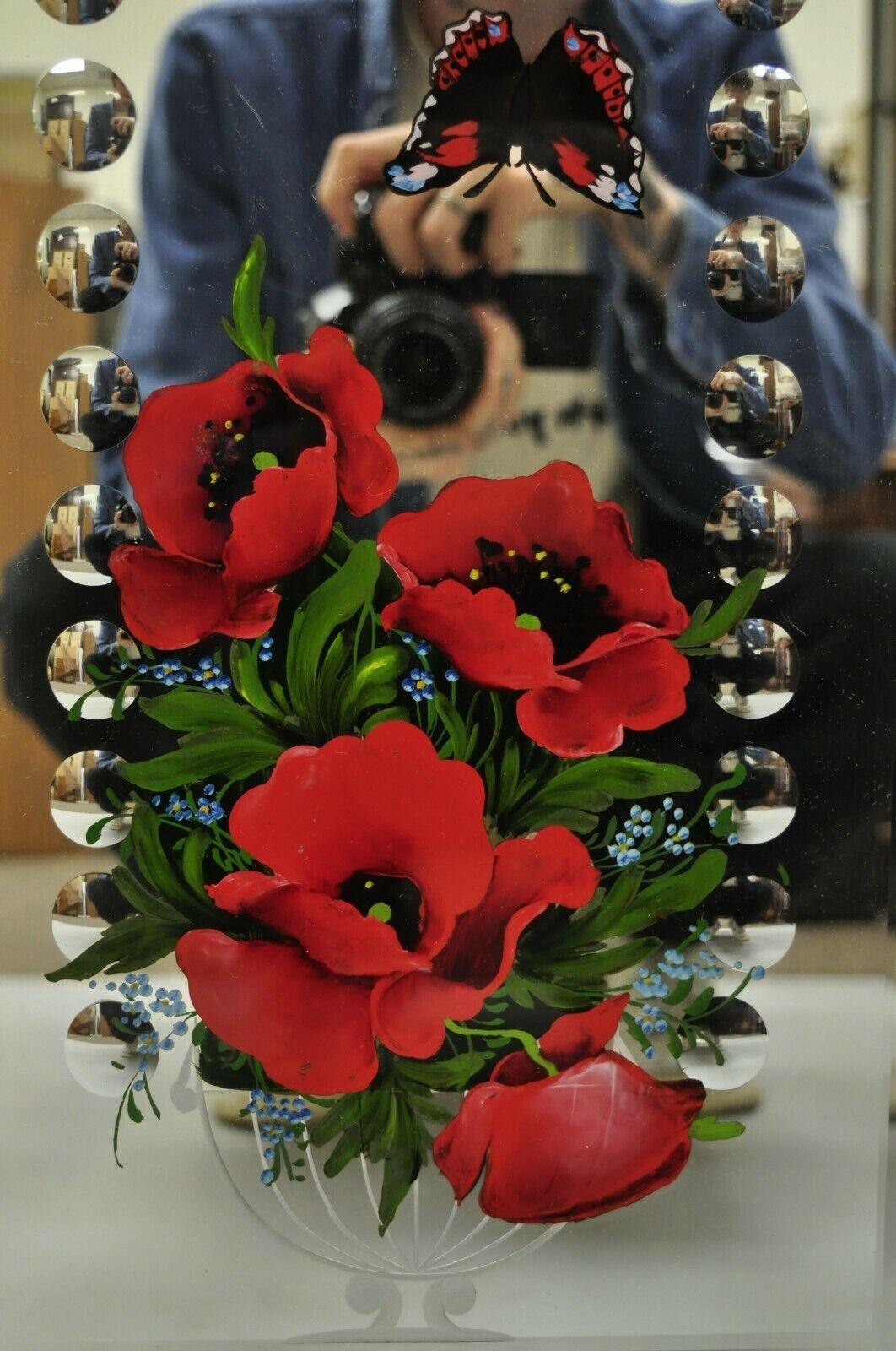 Paire de miroirs à fleurs papillons victoriens anciens en verre bullé et cadre en bois de chêne Bon état - En vente à Philadelphia, PA