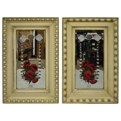 Antique Victorian Bubble Glass Oak Wood Frame Butterfly Flower Mirror, a Pair