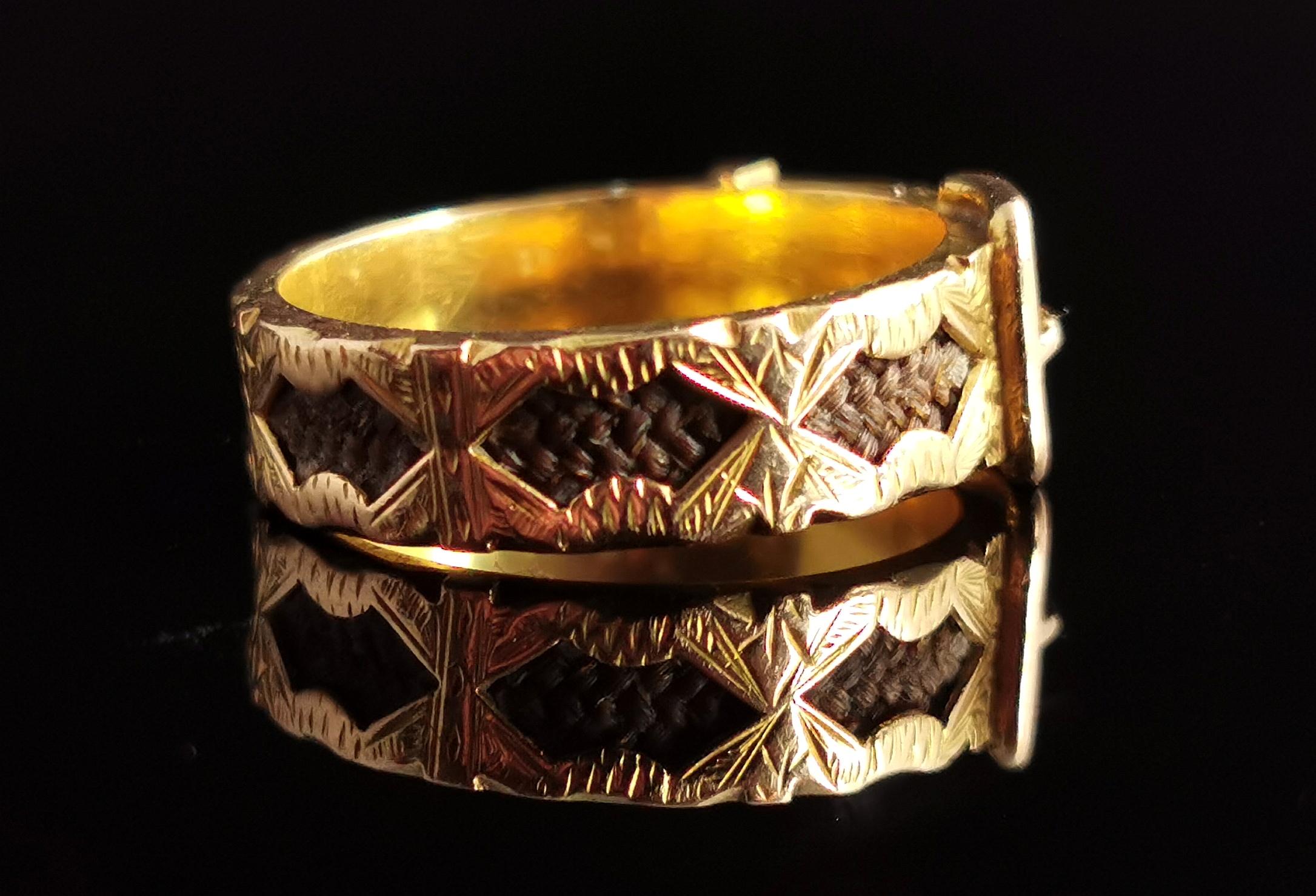 Women's or Men's Antique Victorian Buckle Mourning Ring, 15k Yellow Gold, Hairwork