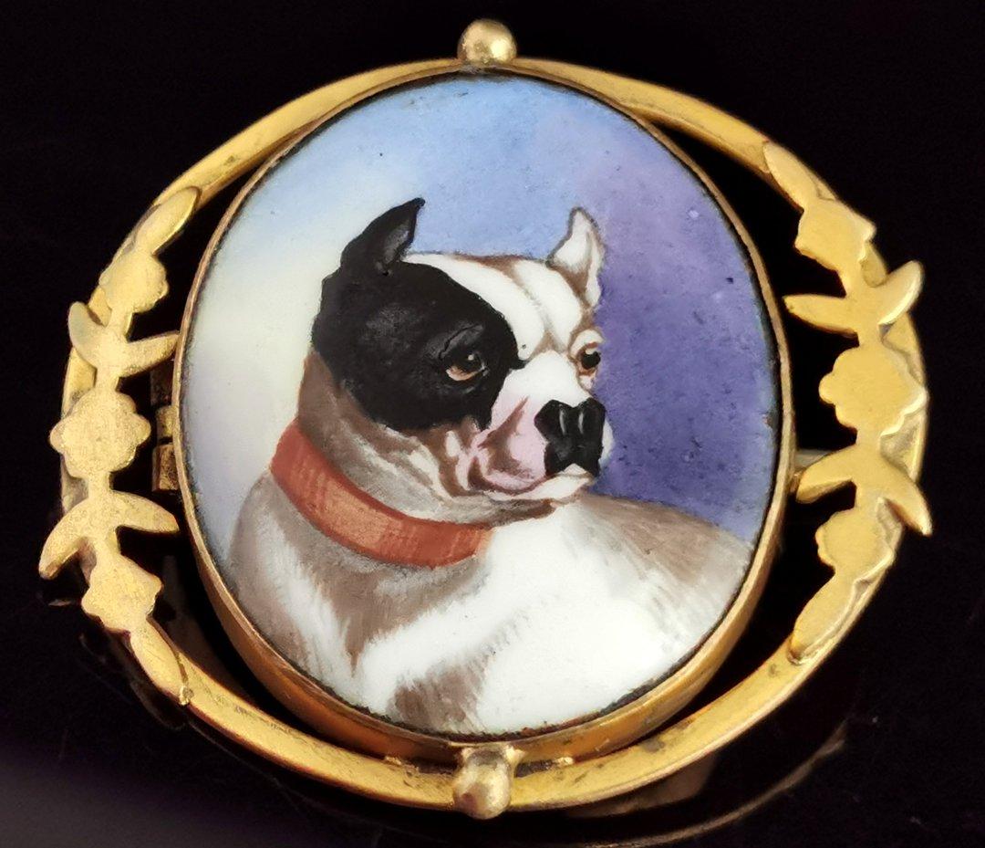 Antique Victorian Bulldog Brooch, Enamelled Portrait 5