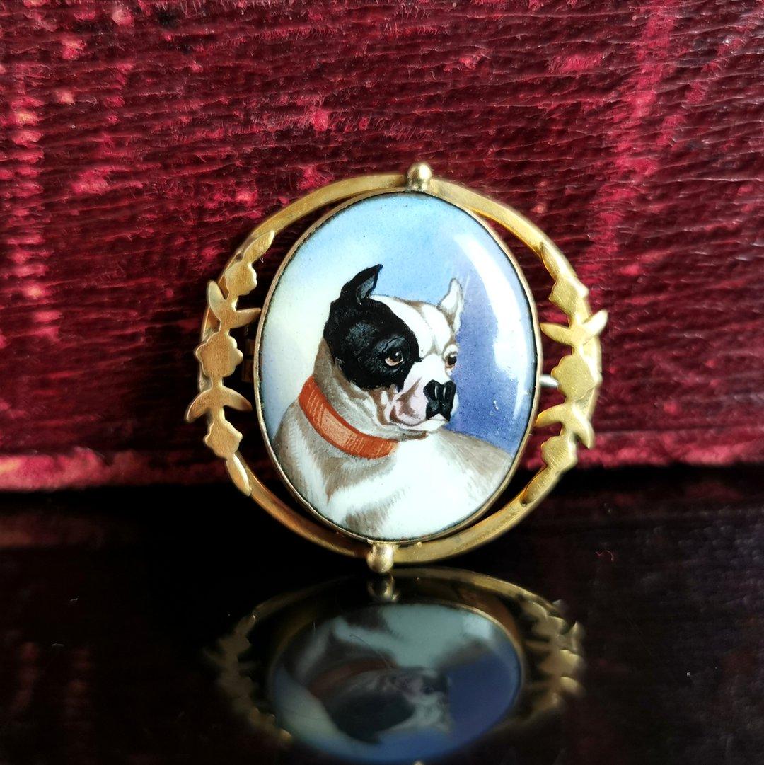 Antique Victorian Bulldog Brooch, Enamelled Portrait 2