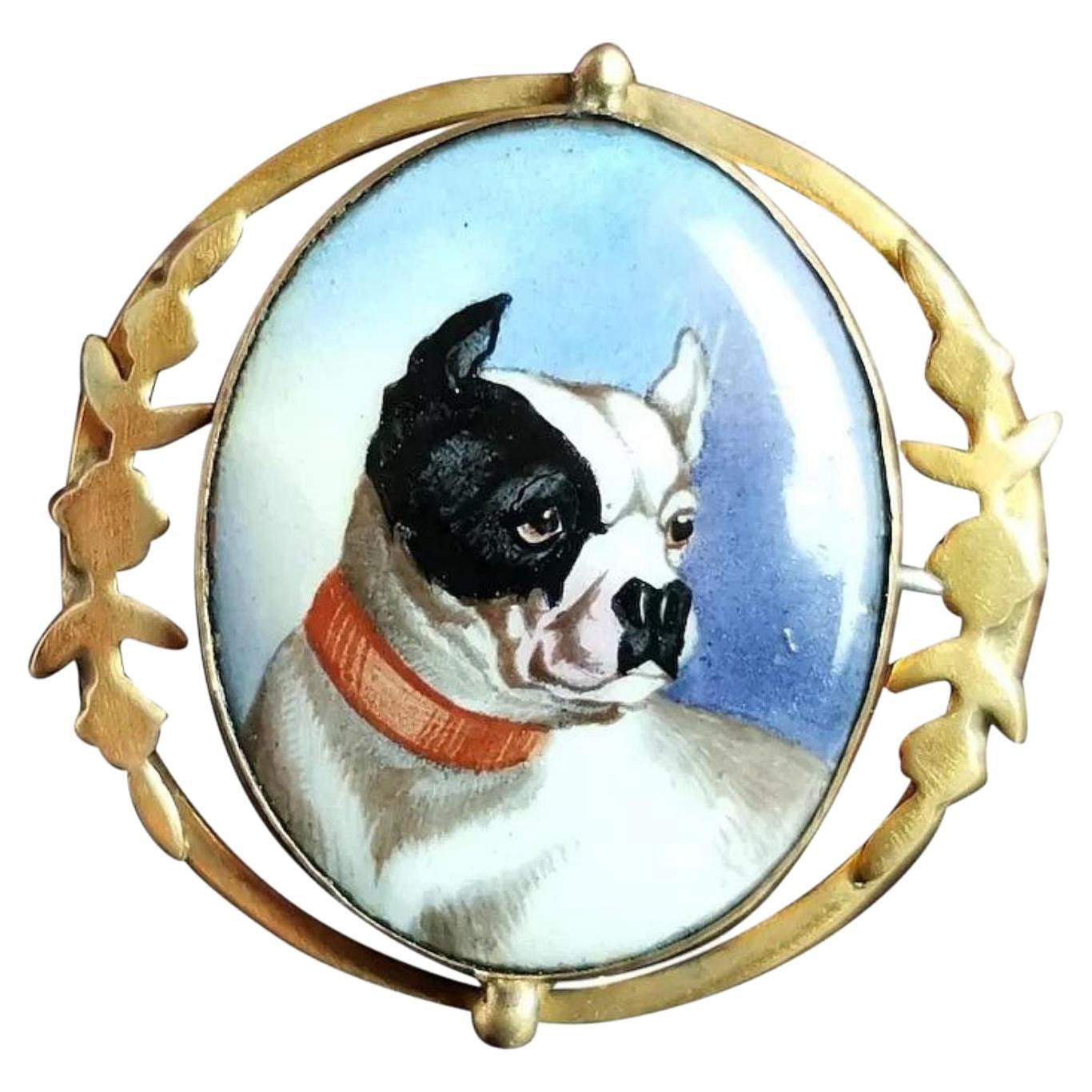Antique Victorian Bulldog Brooch, Enamelled Portrait