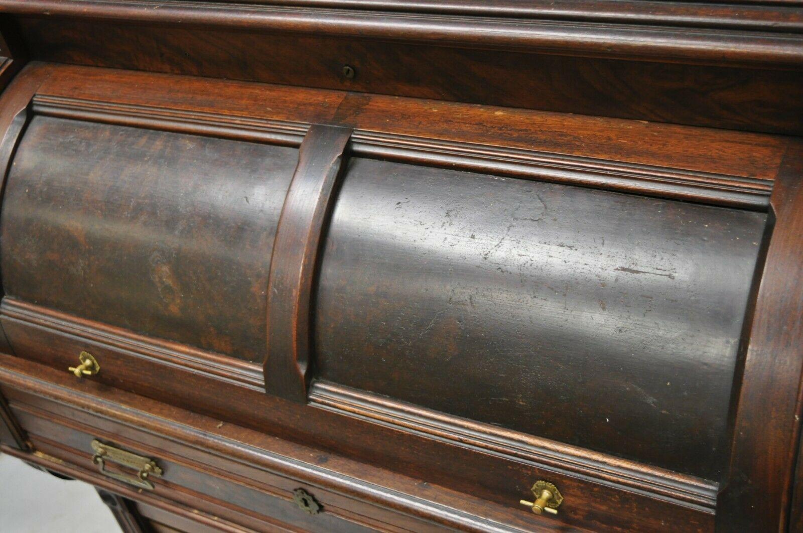 Antique Victorian Burl Walnut Cylinder Roll Secretary Desk Bookcase Cabinet 4