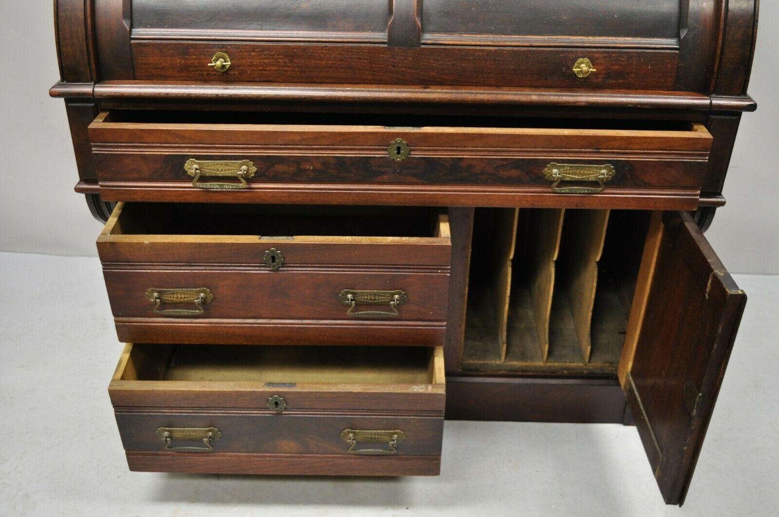 Antique Victorian Burl Walnut Cylinder Roll Secretary Desk Bookcase Cabinet 5