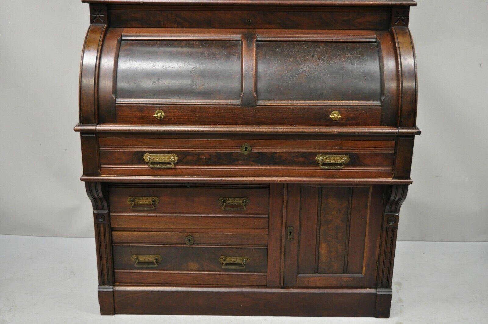 American Antique Victorian Burl Walnut Cylinder Roll Secretary Desk Bookcase Cabinet