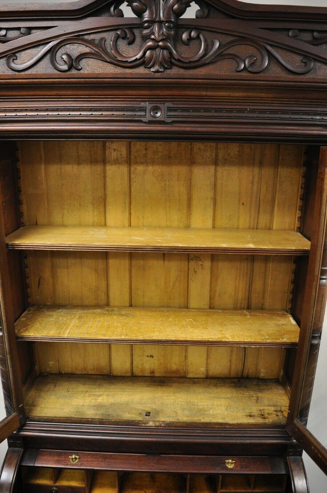 Antique Victorian Burl Walnut Cylinder Roll Secretary Desk Bookcase Cabinet In Good Condition In Philadelphia, PA