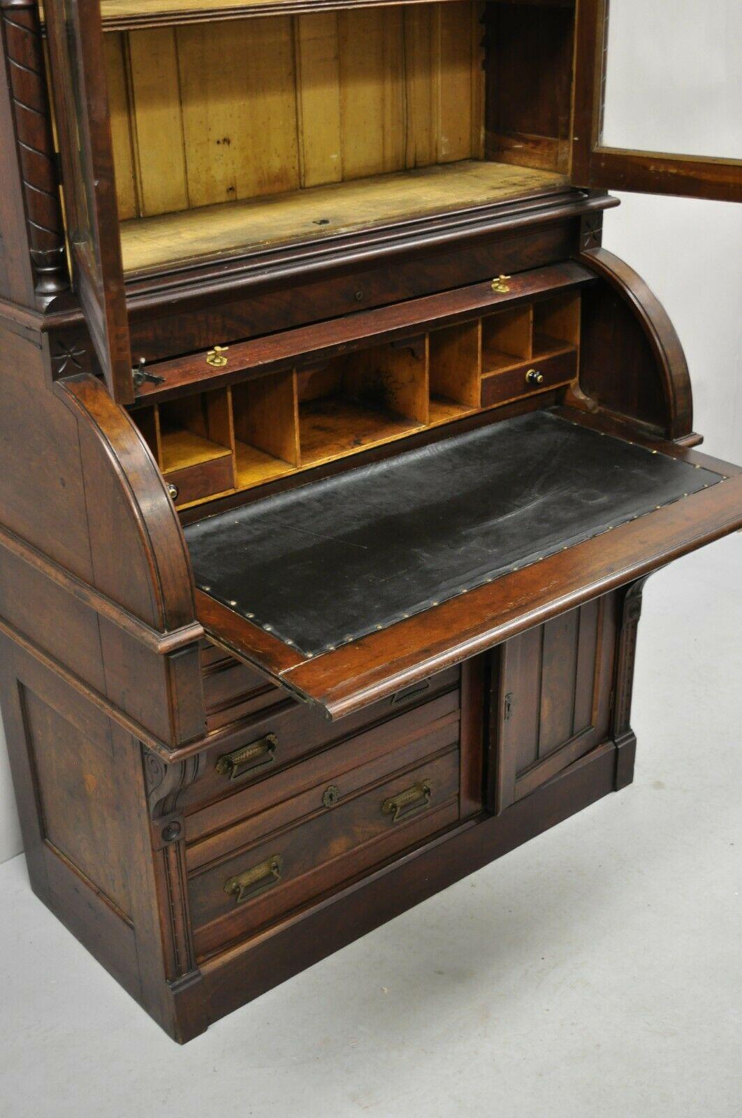 Glass Antique Victorian Burl Walnut Cylinder Roll Secretary Desk Bookcase Cabinet