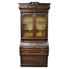 Antique Victorian Burl Walnut Cylinder Roll Secretary Desk Bookcase Cabinet