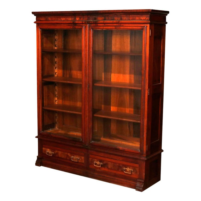Victorian Burl Walnut Enclosed Double Door Bookcase with Drawers, circa