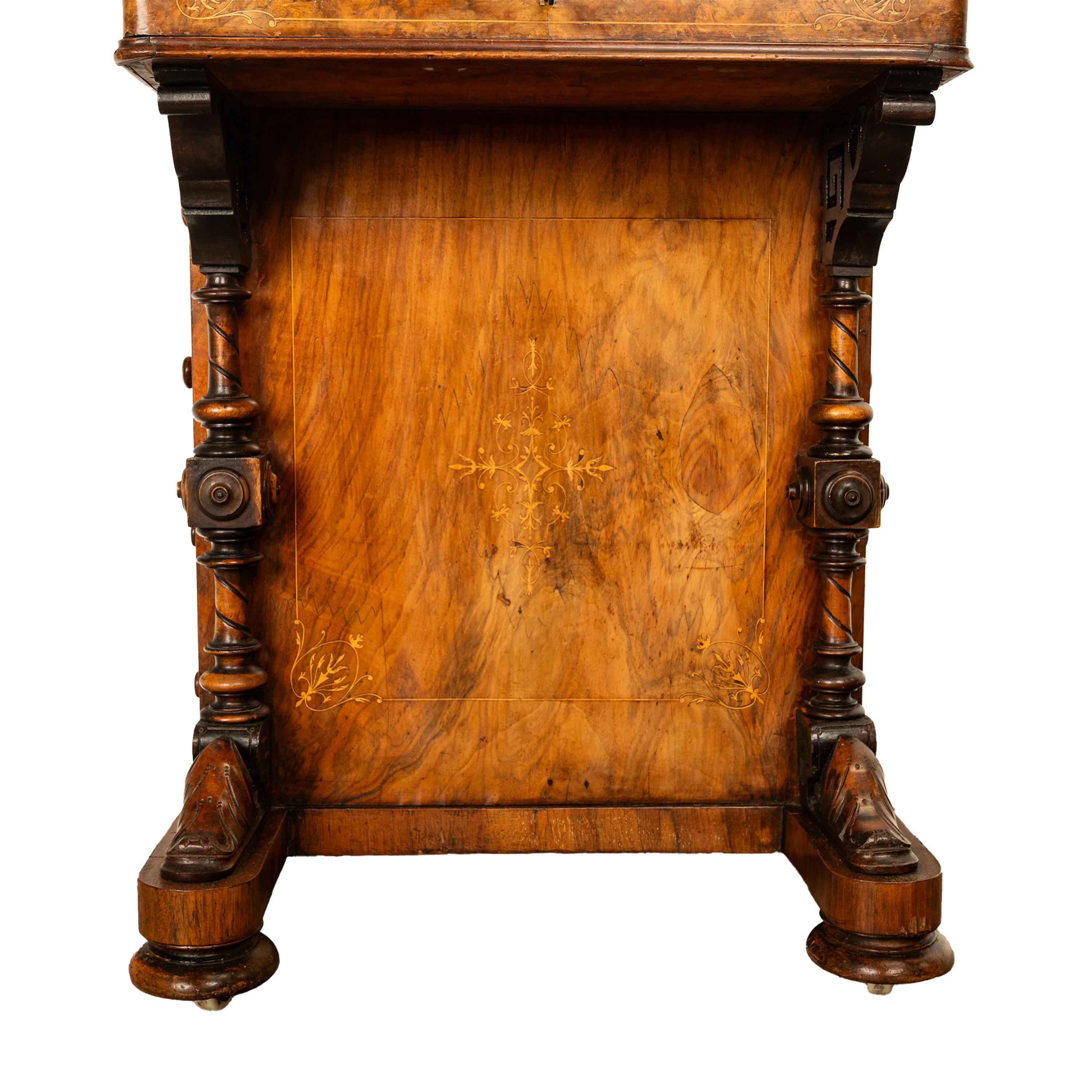 Antique Victorian Burl Walnut Inlaid Marquetry Carved Davenport Desk 1860 For Sale 12