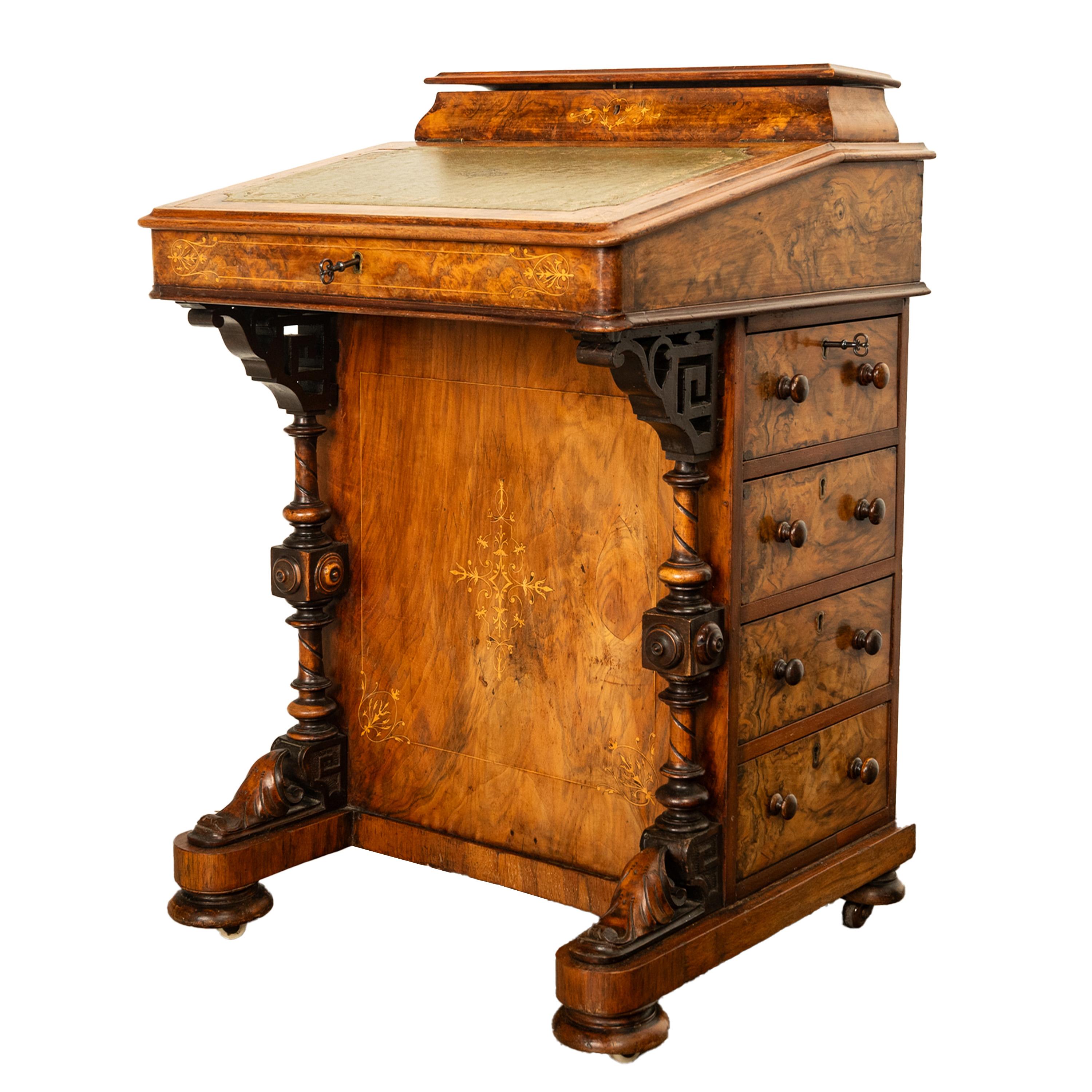 English Antique Victorian Burl Walnut Inlaid Marquetry Carved Davenport Desk 1860 For Sale