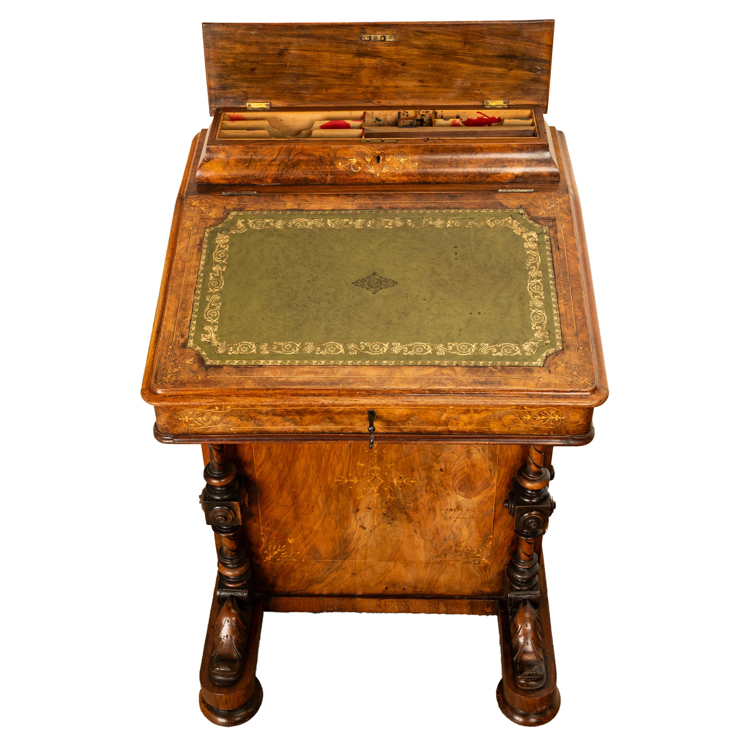 Antique Victorian Burl Walnut Inlaid Marquetry Carved Davenport Desk 1860 For Sale 4
