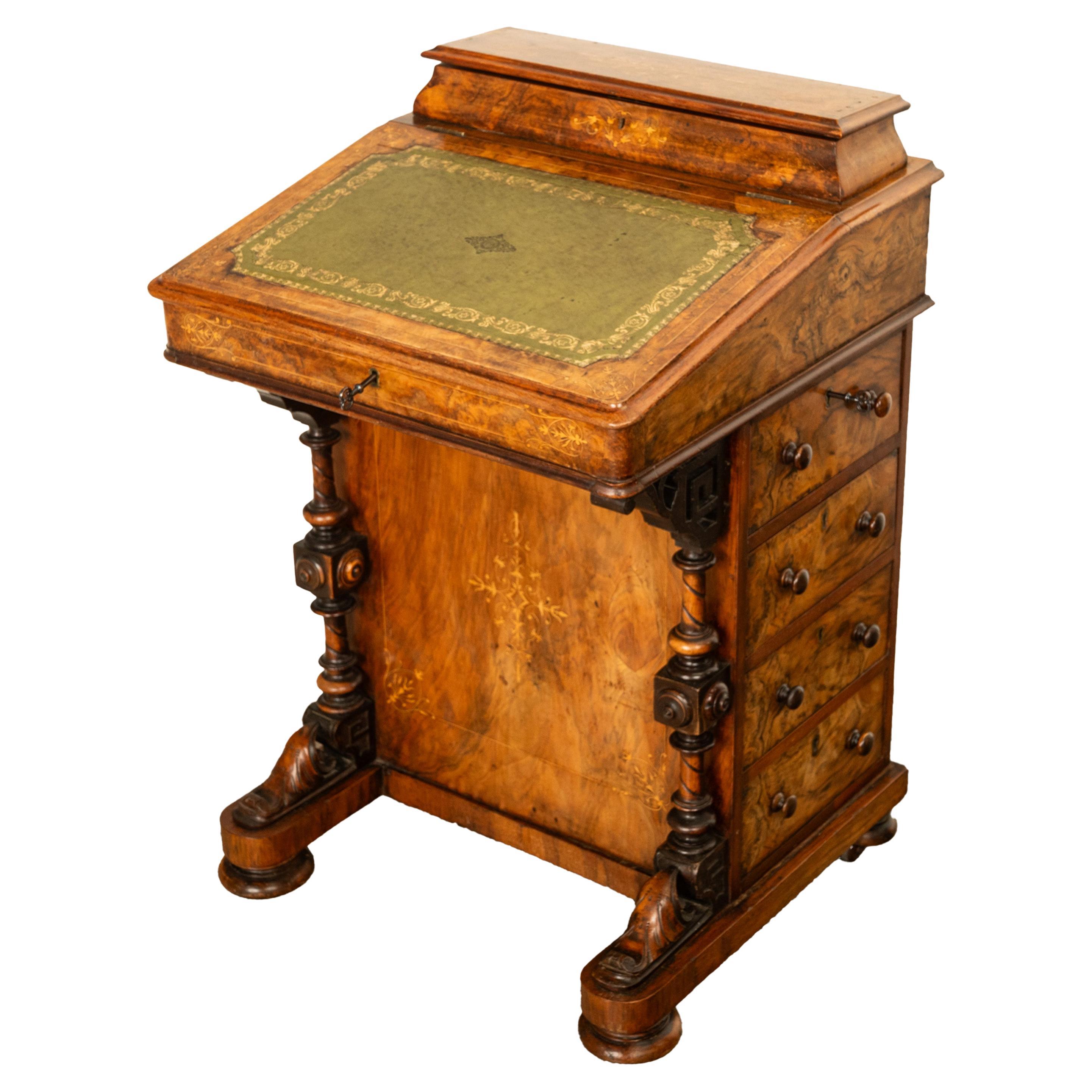 Antique Victorian Burl Walnut Inlaid Marquetry Carved Davenport Desk 1860 For Sale