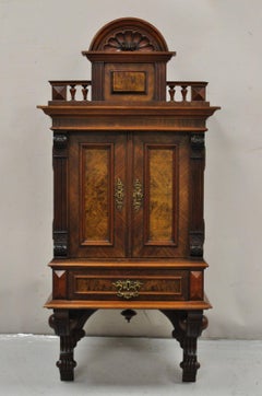 Antique Victorian Burled Walnut Shell Carved Wall Hanging Curio Display Cabinet