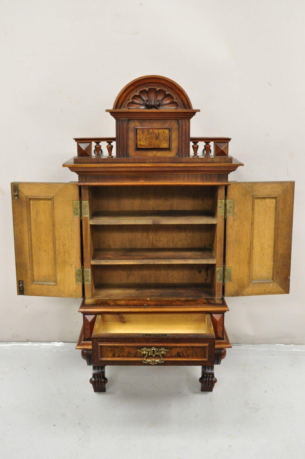 Antique Victorian Burled Walnut Shell Carved Wall Hanging Curio Display Cabinet For Sale 1