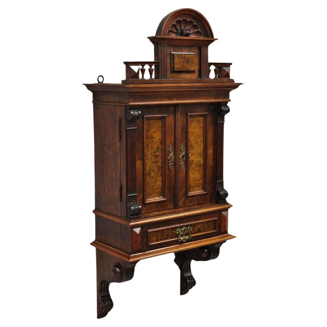 Antique Victorian Burled Walnut Shell Carved Wall Hanging Curio Display Cabinet For Sale