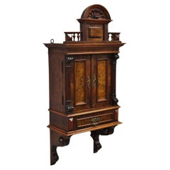 Used Victorian Burled Walnut Shell Carved Wall Hanging Curio Display Cabinet