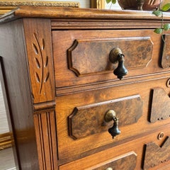 Antique Victorian Burlwood Dresser On Casters With Teardrop Pulls