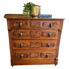 Antique Victorian Burlwood Dresser On Casters With Teardrop Pulls