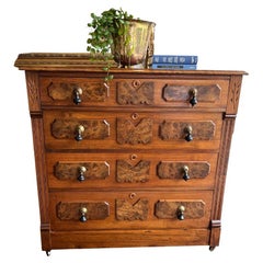 Antique Victorian Burlwood Dresser On Casters With Teardrop Pulls 