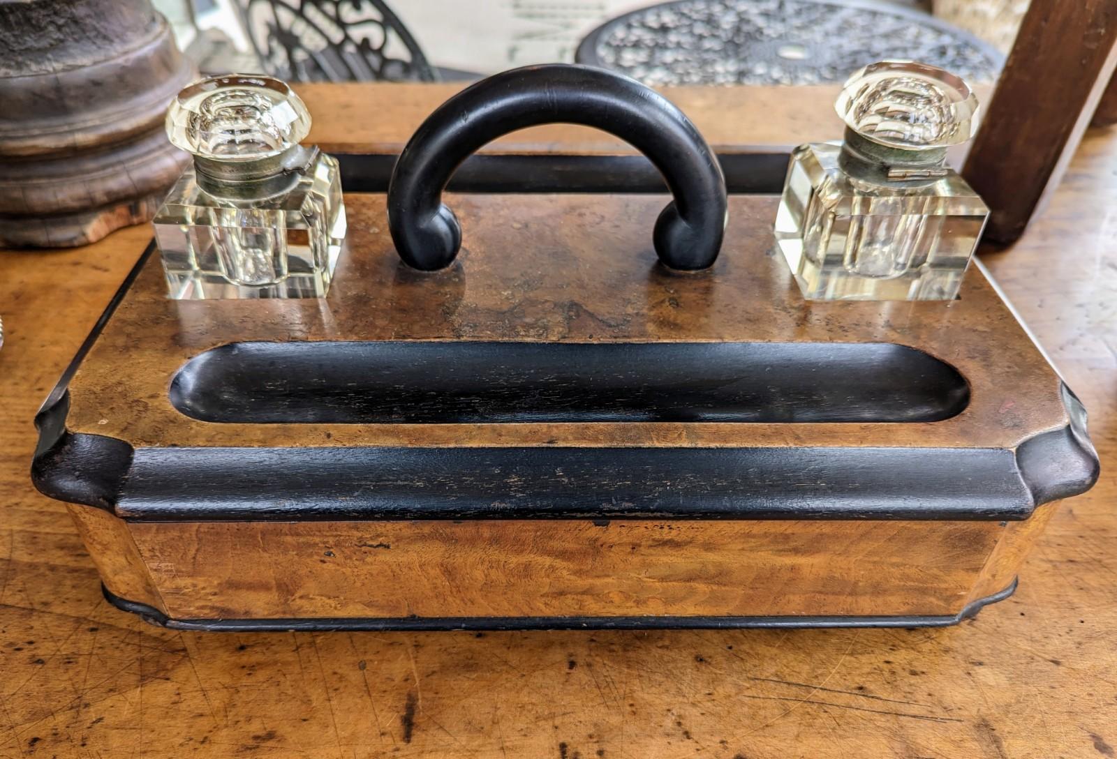 Antique Victorian Burlwood Inkwell Free Standing Desk Set with Drawer and Handle In Fair Condition For Sale In Greer, SC