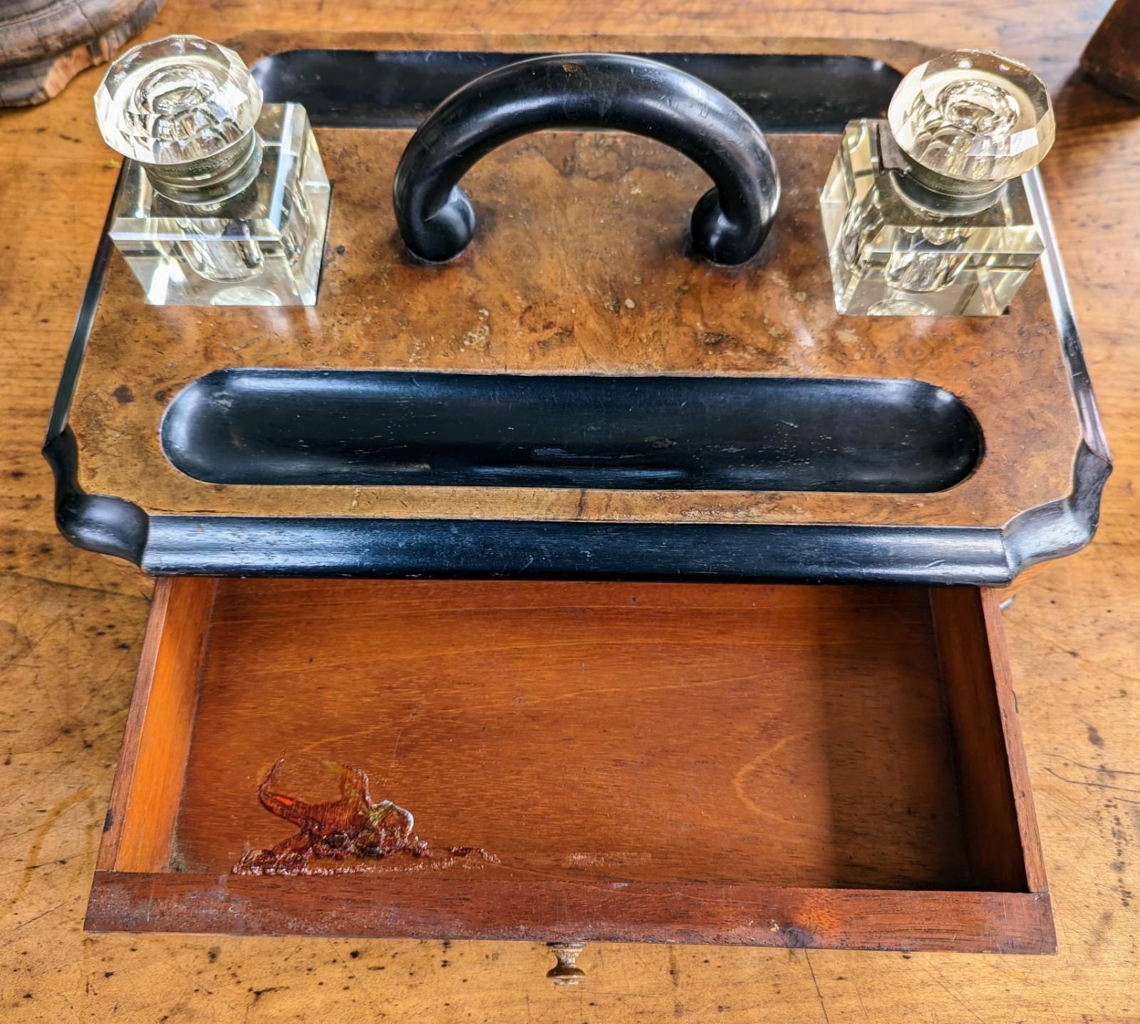 Wood Antique Victorian Burlwood Inkwell Free Standing Desk Set with Drawer and Handle For Sale