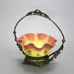 Antique Victorian Burmese Decorated Glass Bride's Basket in Silver Plate, c 1890