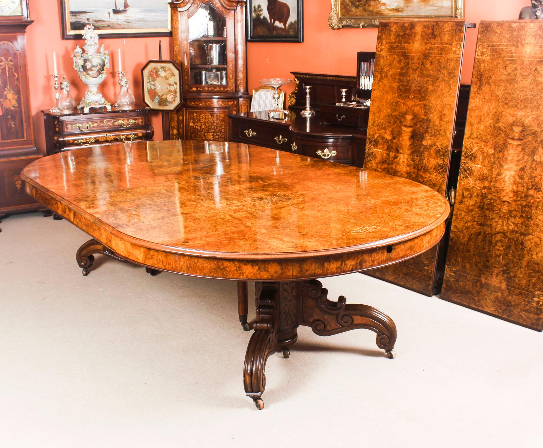 Antique Victorian Burr Marquetry Walnut Dining Table 19th Century and 14 Chairs In Excellent Condition In London, GB