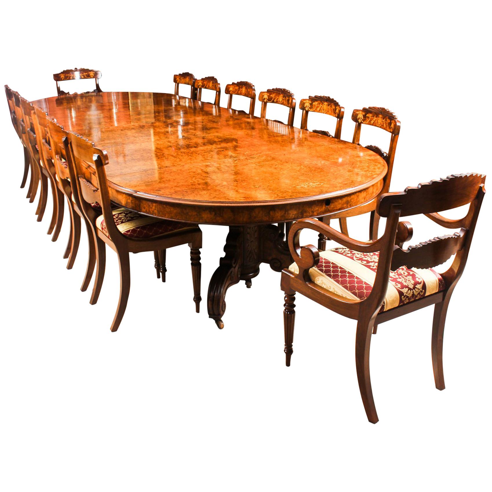 Antique Victorian Burr Marquetry Walnut Dining Table 19th Century and 14 Chairs