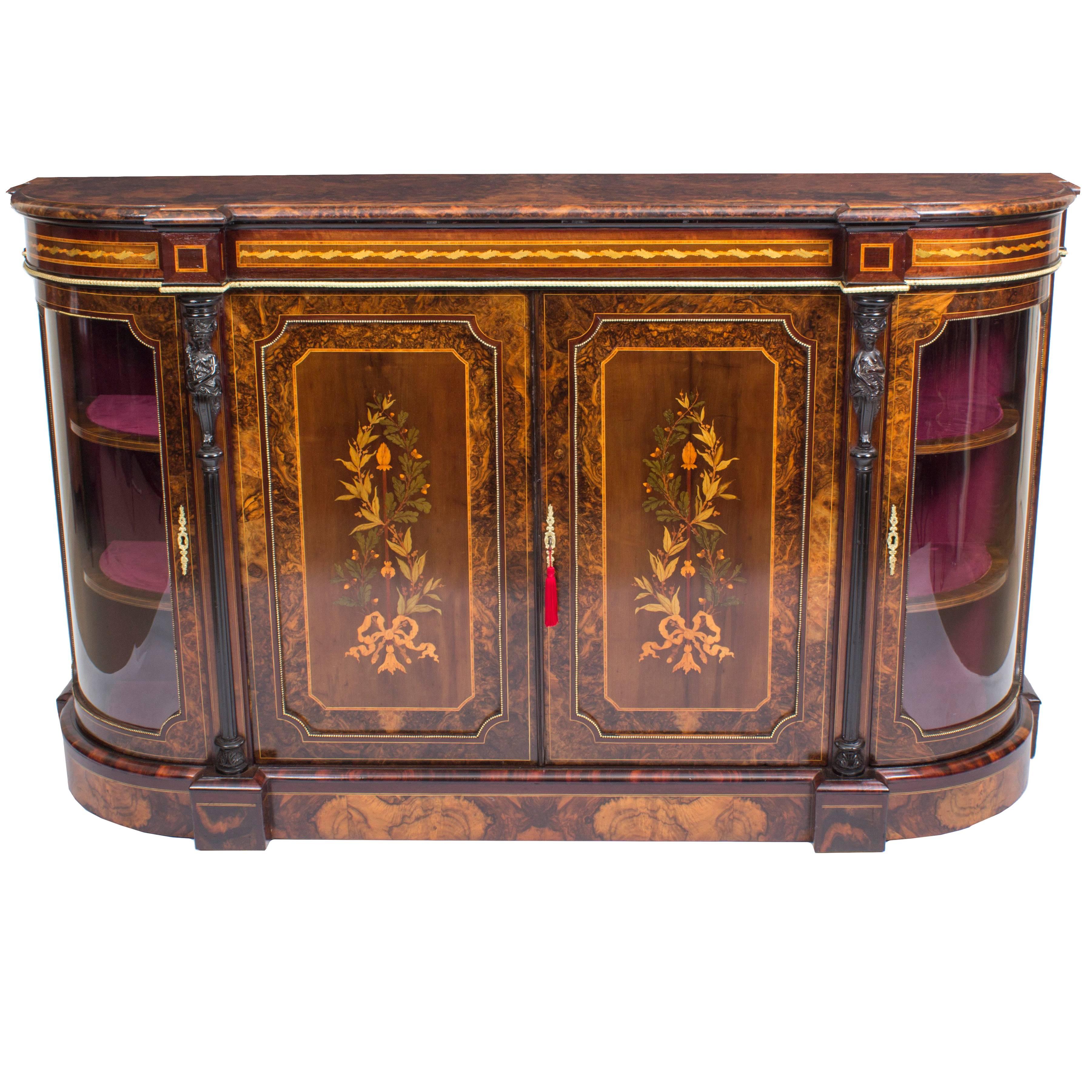 Antique Victorian Burr Walnut and Floral Marquetry Credenza, 19th Century