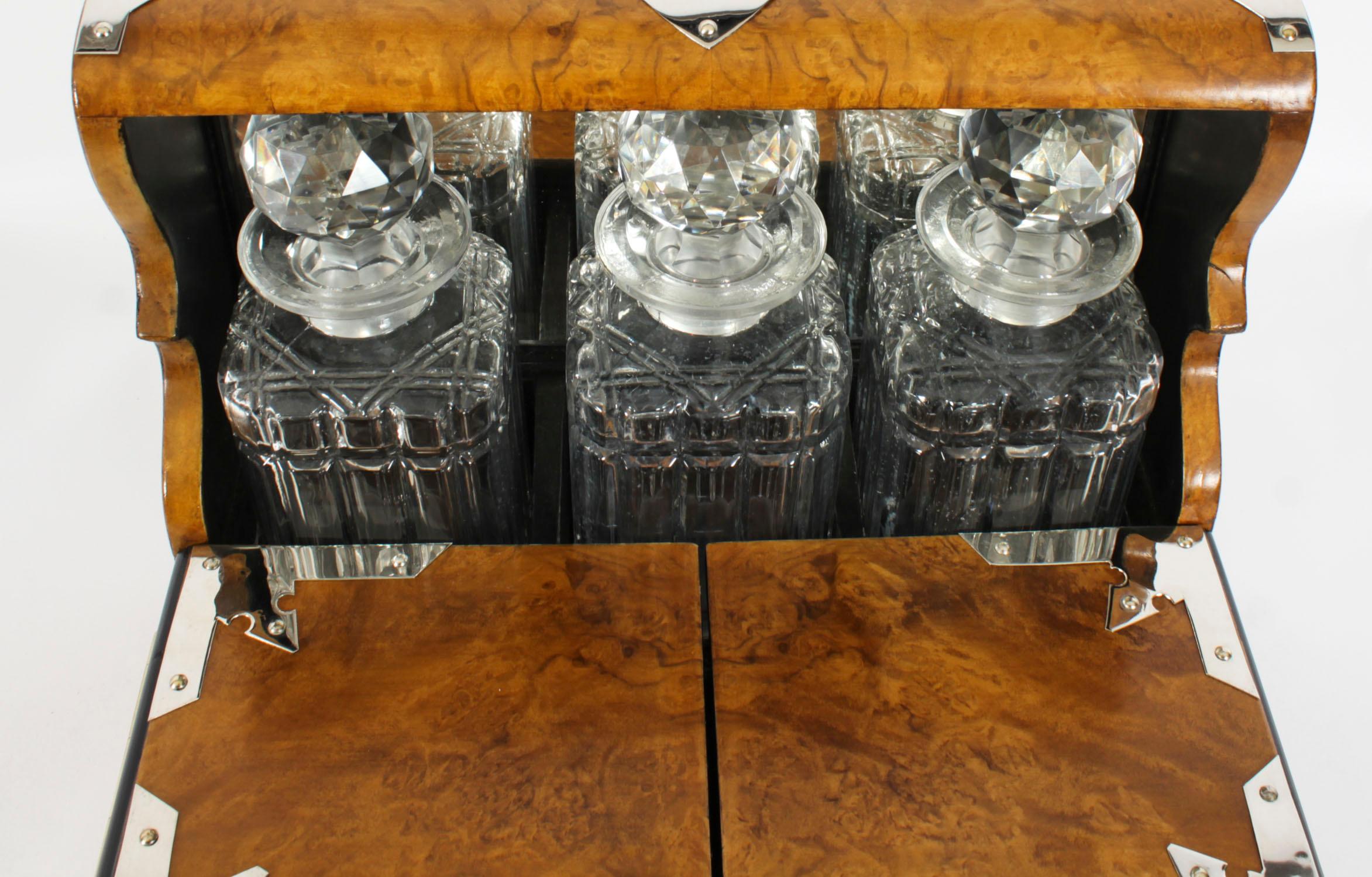 Antique Victorian Burr Walnut 3 Crystal Decanter Tantalus Dry Bar 19th Century 6