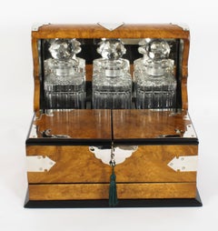 Antique Victorian Burr Walnut 3 Crystal Decanter Tantalus Dry Bar 19th Century