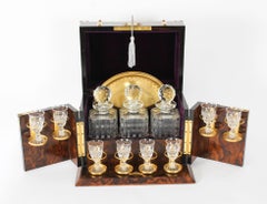 Antique Victorian Burr Walnut 3 Crystal Decanter Tantalus Dry Bar 19th Century